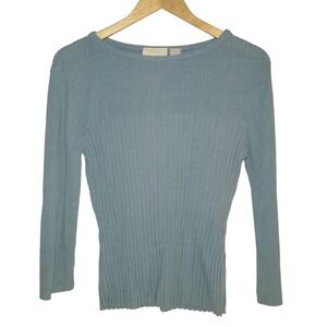 Vintage J Jill Sweater Medium Ribbed Blue 3/4 Sleeves